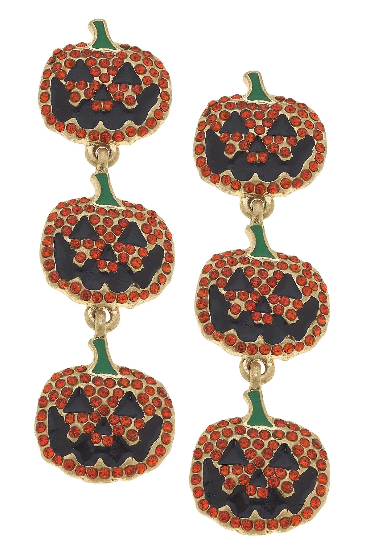 Jack-O'-Lantern Rhinestone-Studded Triple Drop Earrings in Orange & Black sold by Canvas Style
