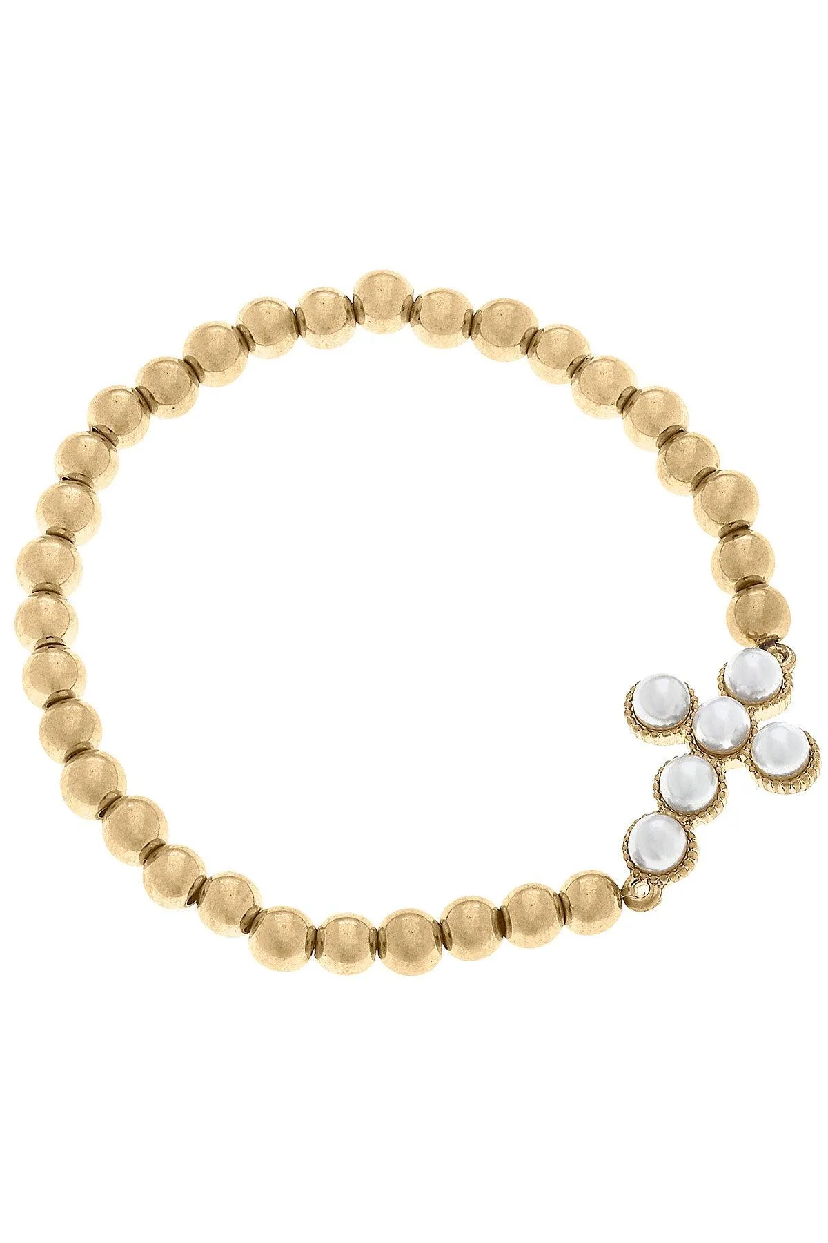 Elisha Pearl Cross Stretch Bracelet in Worn Gold sold by Canvas Style