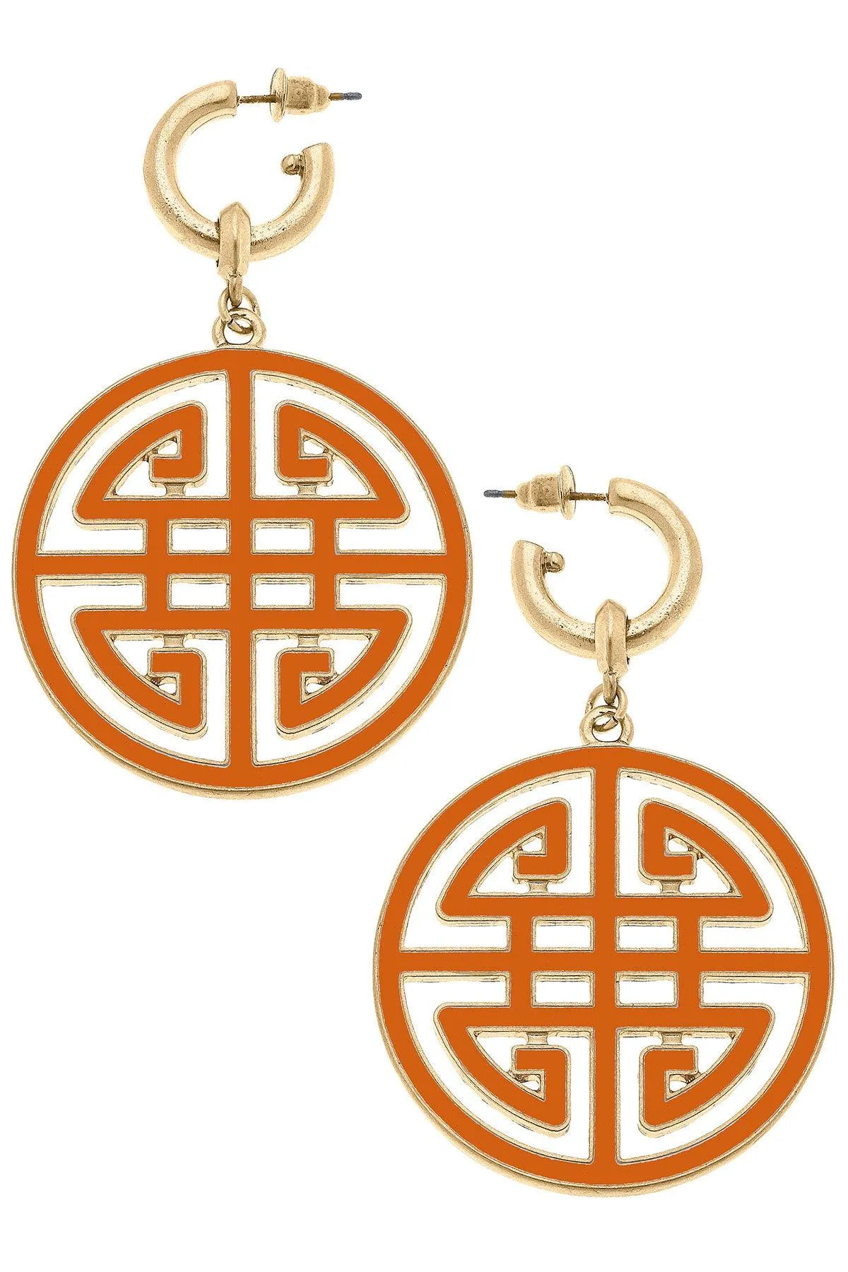 Jenson Game Day Greek Keys Enamel Statement Earrings in Burnt Orange sold by Canvas Style