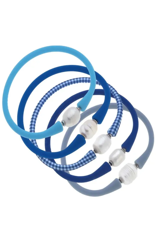 Bali Freshwater Pearl Silicone Bracelet Stack of 5 in Aqua, Blue, Blue Gingham, Royal Blue & Blue Grey - FINAL SALE sold by Canvas Style