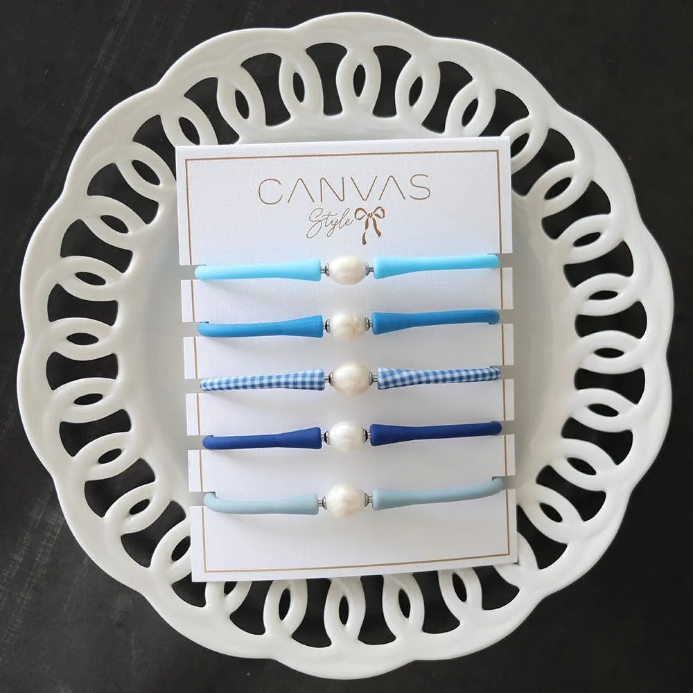 Bali Freshwater Pearl Silicone Bracelet Stack of 5 in Aqua, Blue, Blue Gingham, Royal Blue & Blue Grey - FINAL SALE sold by Canvas Style product image thumbnail 2
