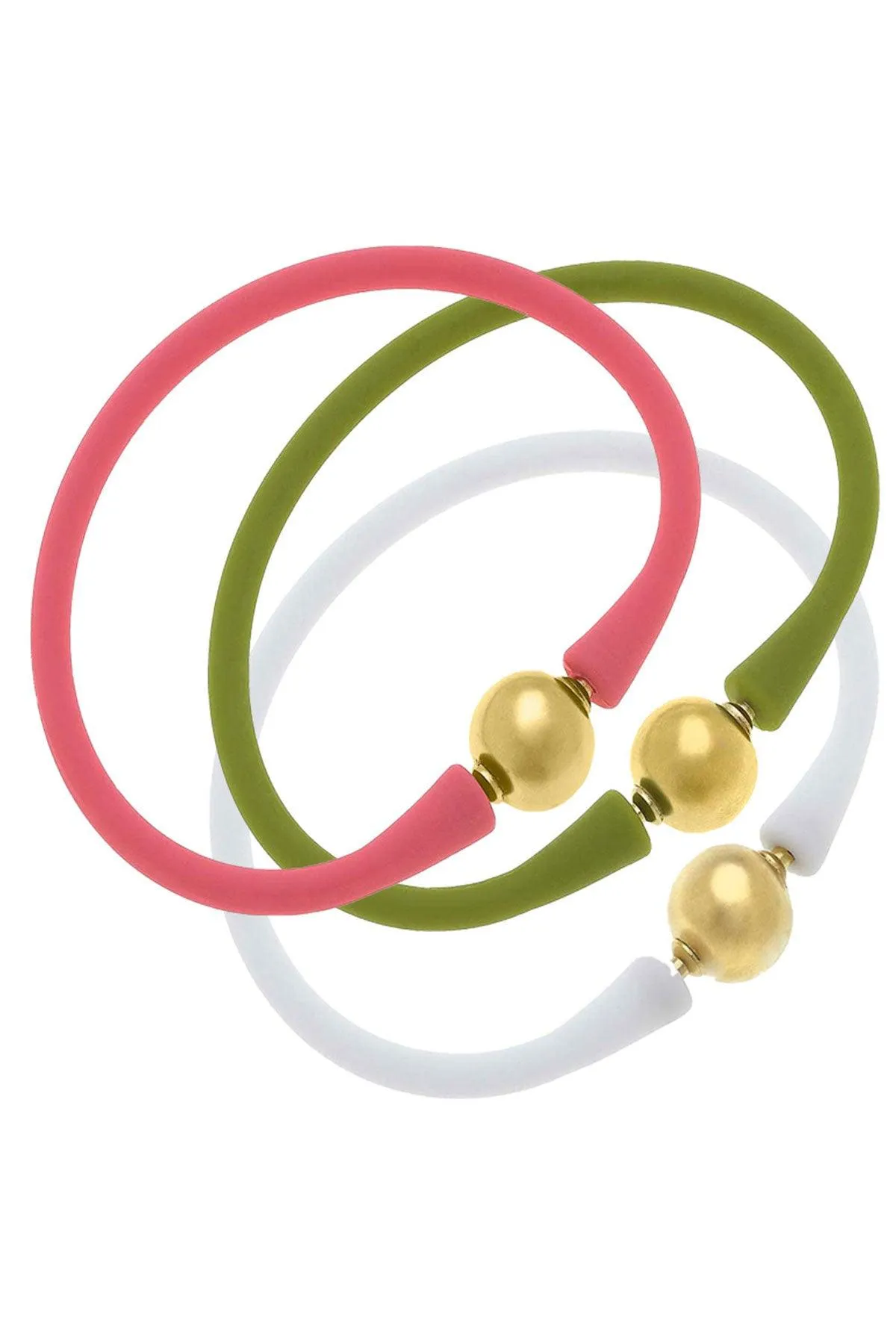 Bali 24K Gold Silicone Bracelet Stack of 3 in Pink, Peridot & White sold by Canvas Style