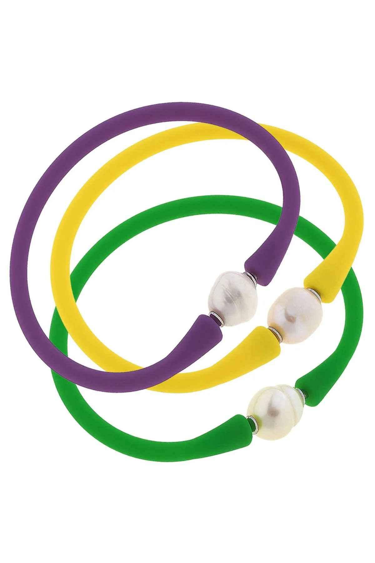 Bali Freshwater Pearl Silicone Bracelet Mardi Gras Stack of 3 in Purple, Green & Yellow sold by Canvas Style