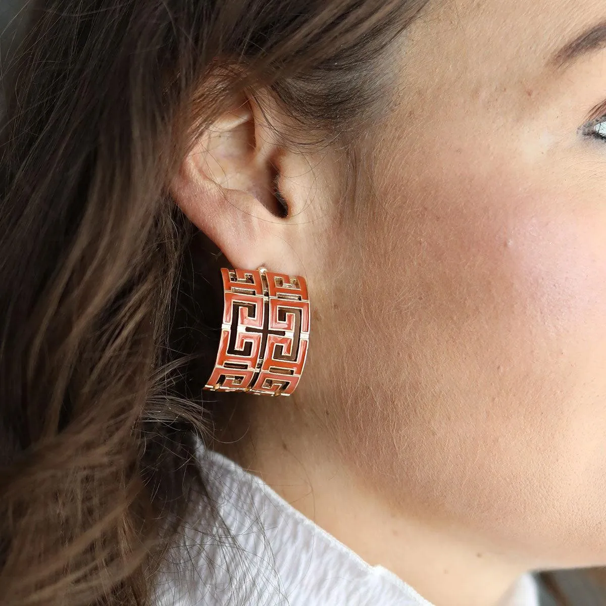 Brennan Game Day Greek Keys Enamel Hoop Earrings in Burnt Orange sold by Canvas Style product image thumbnail 2