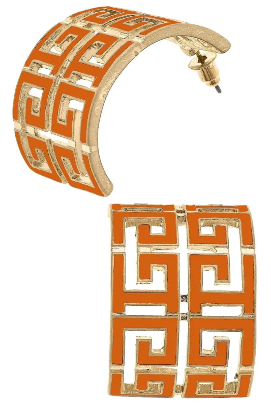 Brennan Game Day Greek Keys Enamel Hoop Earrings in Burnt Orange sold by Canvas Style