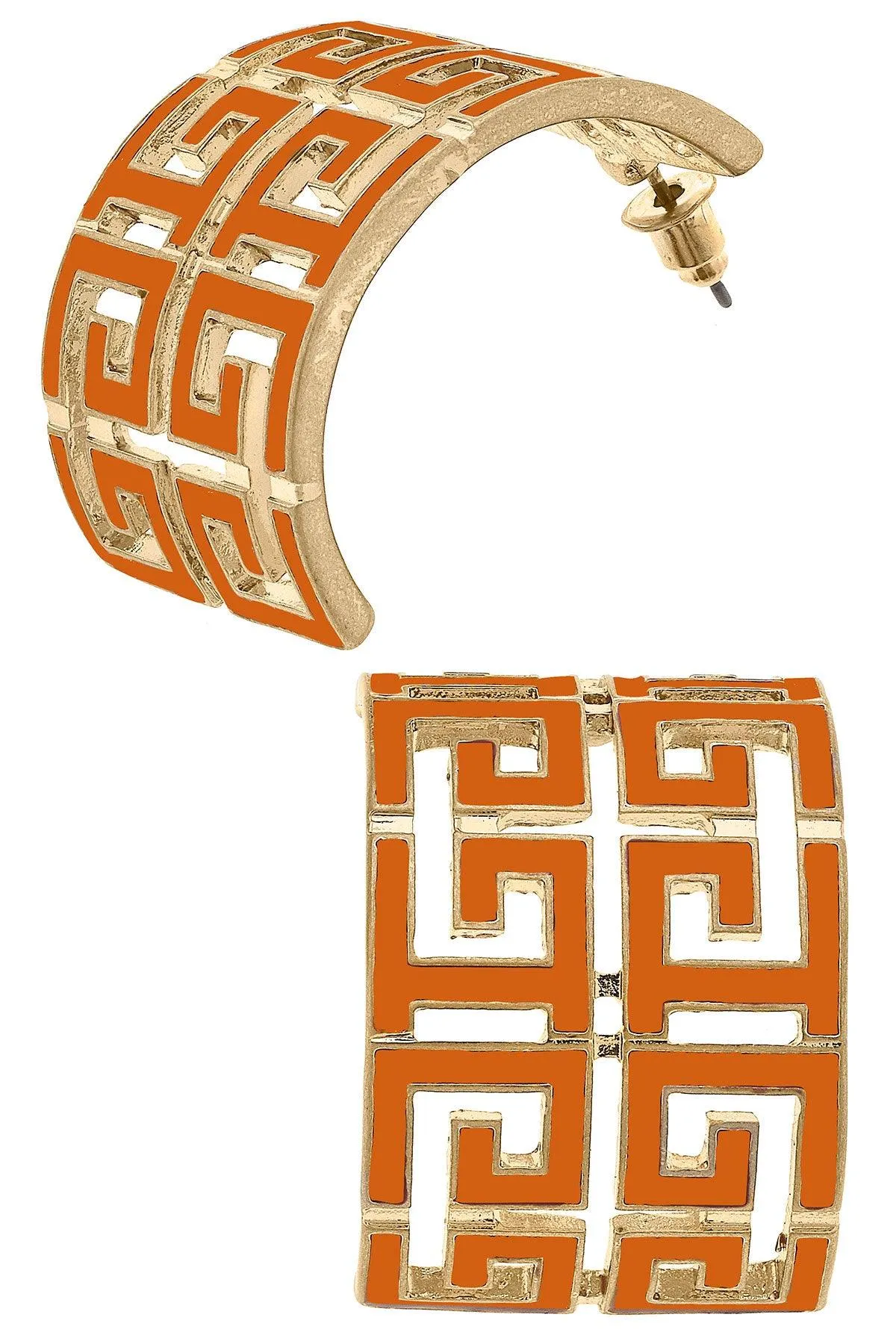 Brennan Game Day Greek Keys Enamel Hoop Earrings in Burnt Orange sold by Canvas Style