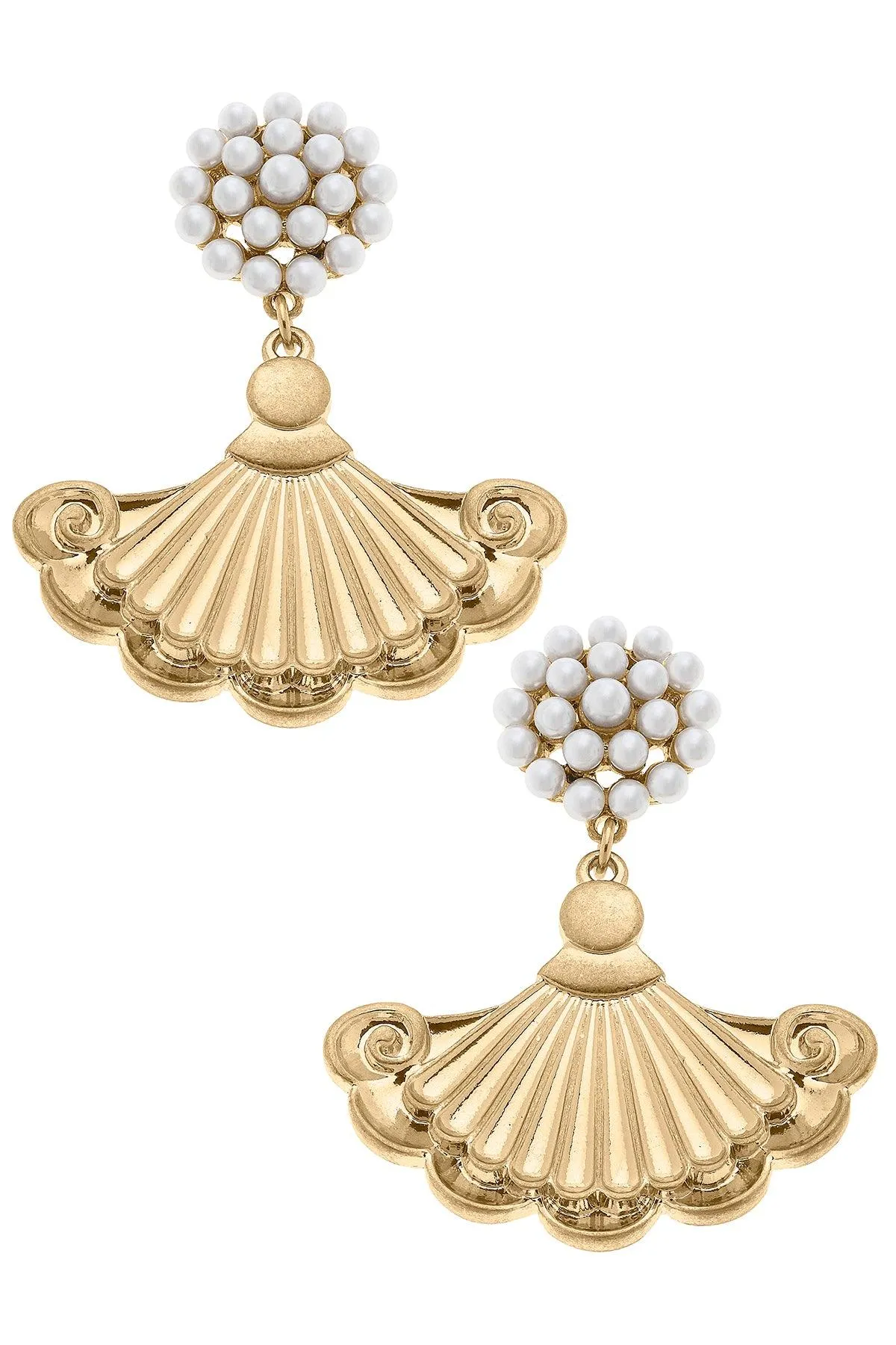 Jolie French Fan & Pearl Cluster Drop Earrings in Worn Gold sold by Canvas Style