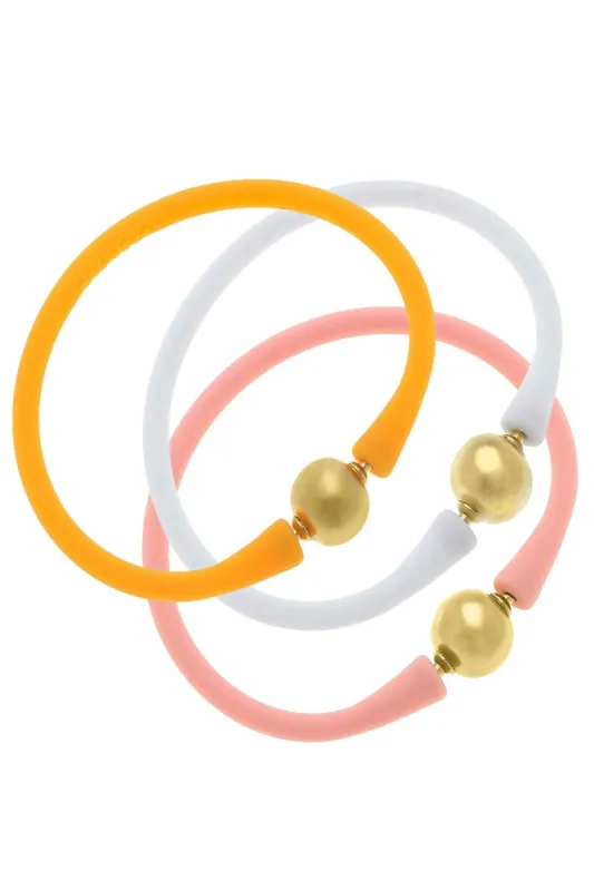 Bali 24K Gold Silicone Bracelet Stack of 3 in Cantaloupe, White & Light Pink sold by Canvas Style