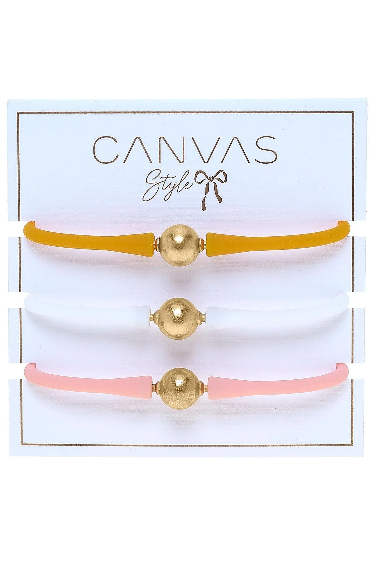 Bali 24K Gold Silicone Bracelet Stack of 3 in Cantaloupe, White & Light Pink sold by Canvas Style product image thumbnail 2