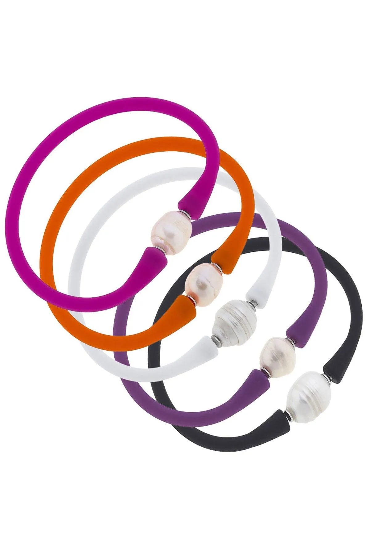 Bali Freshwater Pearl Silicone Bracelet Stack of 5 in Magenta, Orange, White, Purple & Black sold by Canvas Style