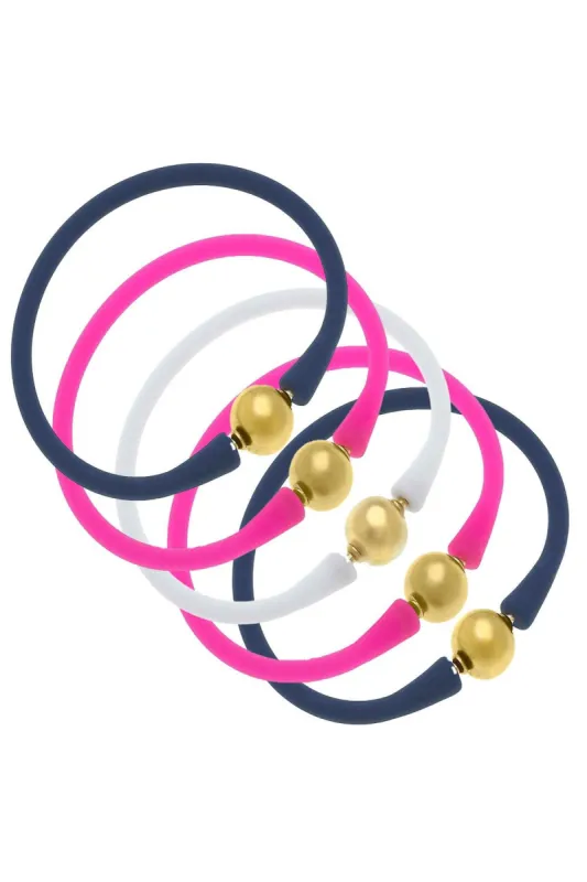 Bali 24K Gold Silicone Bracelet Stack of 5 in Navy, Fuchsia & White sold by Canvas Style