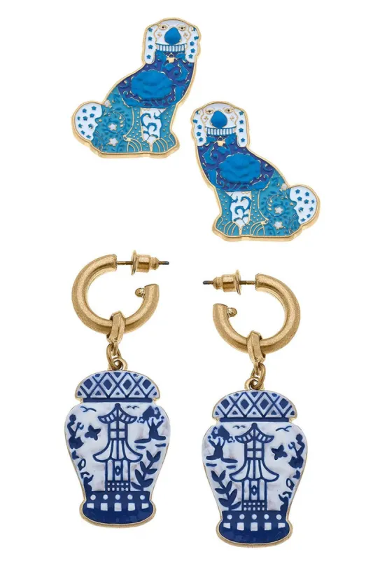 Lacey Staffordshire Dog Stud and Aubree Pagoda Ginger Jar Earring Set sold by Canvas Style