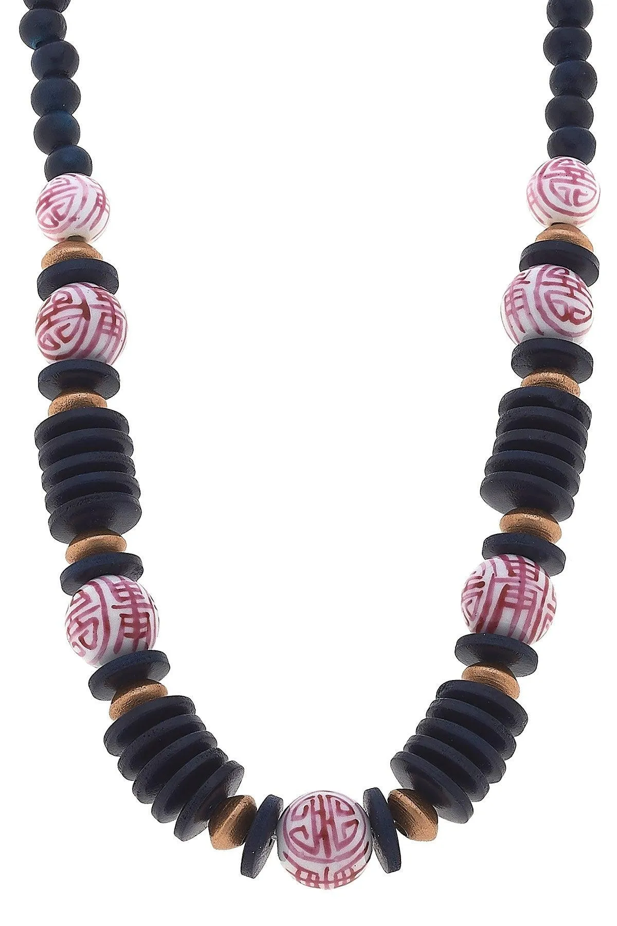 Winslow Pink & White Chinoiserie & Wood Necklace in Navy - FINAL SALE sold by Canvas Style