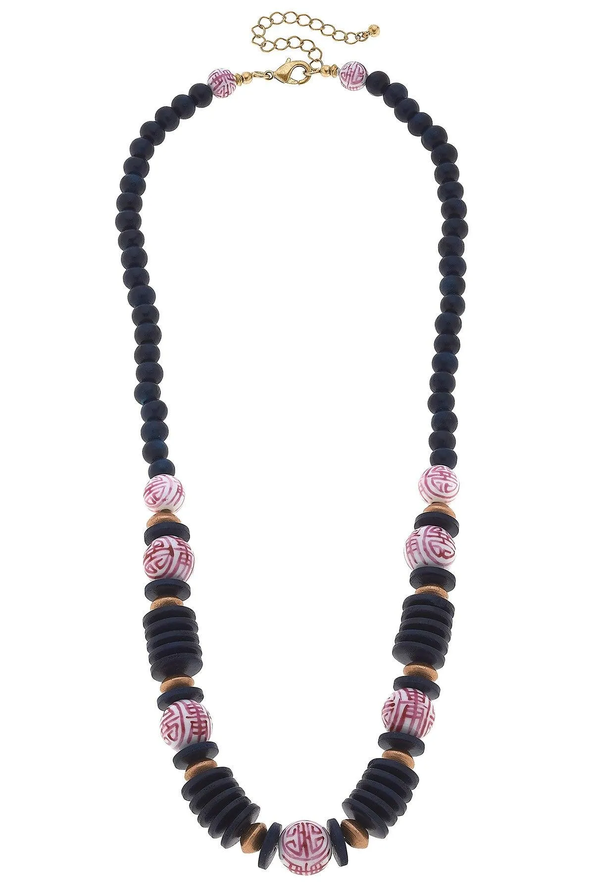 Winslow Pink & White Chinoiserie & Wood Necklace in Navy - FINAL SALE sold by Canvas Style product image thumbnail 2