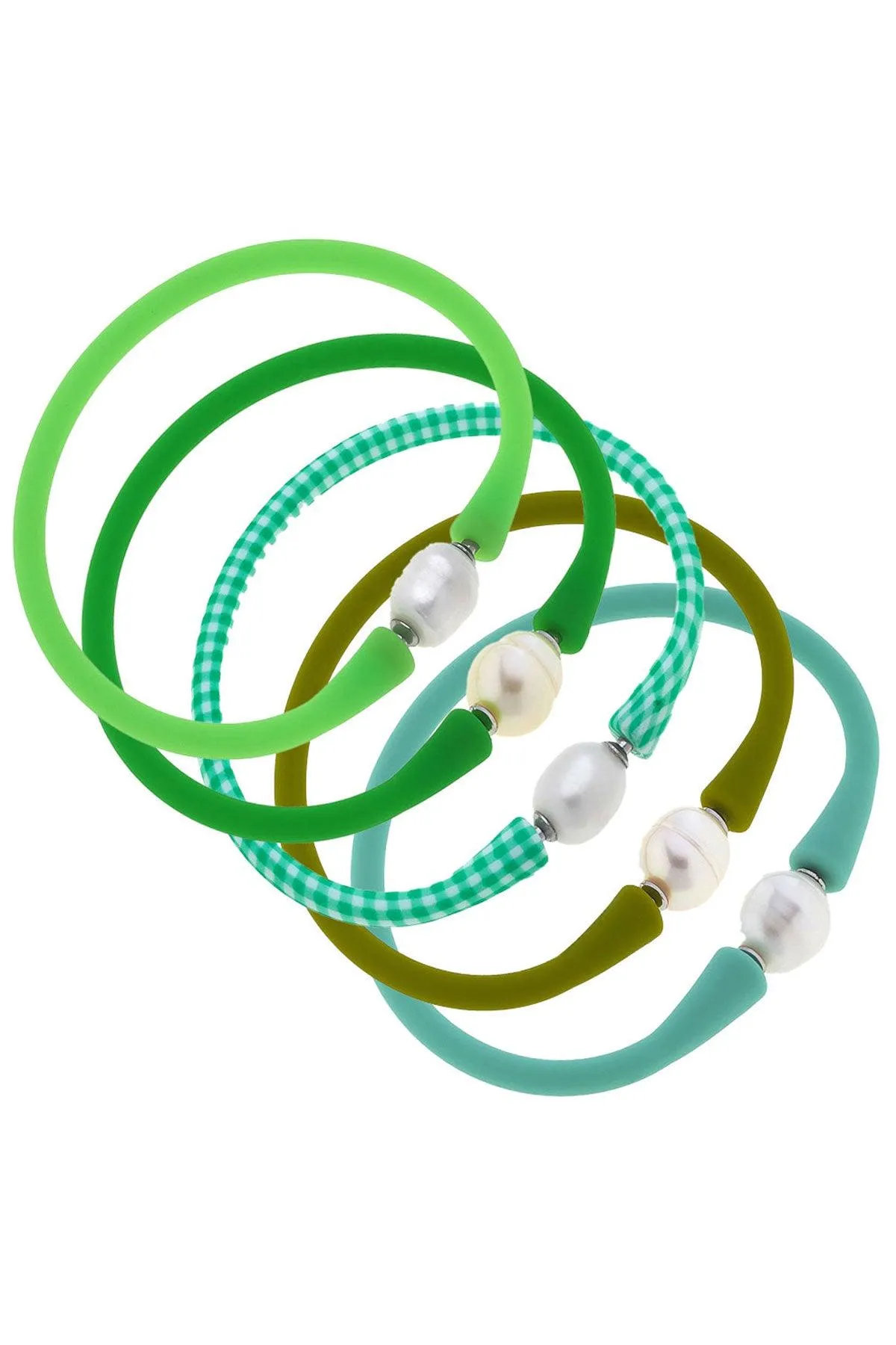 Bali Freshwater Pearl Silicone Bracelet Stack of 5 in Neon Green, Green, Green Gingham, Peridot & Mint sold by Canvas Style