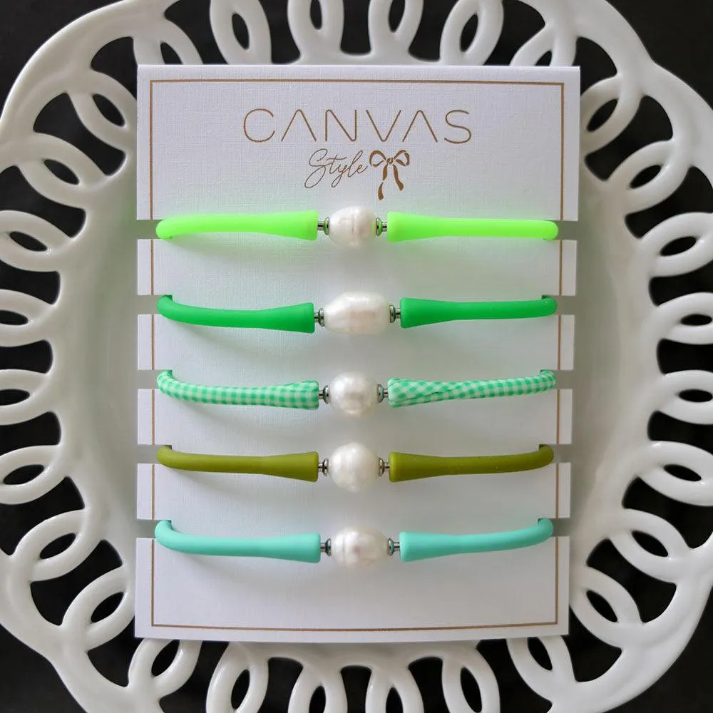 Bali Freshwater Pearl Silicone Bracelet Stack of 5 in Neon Green, Green, Green Gingham, Peridot & Mint sold by Canvas Style product image thumbnail 2