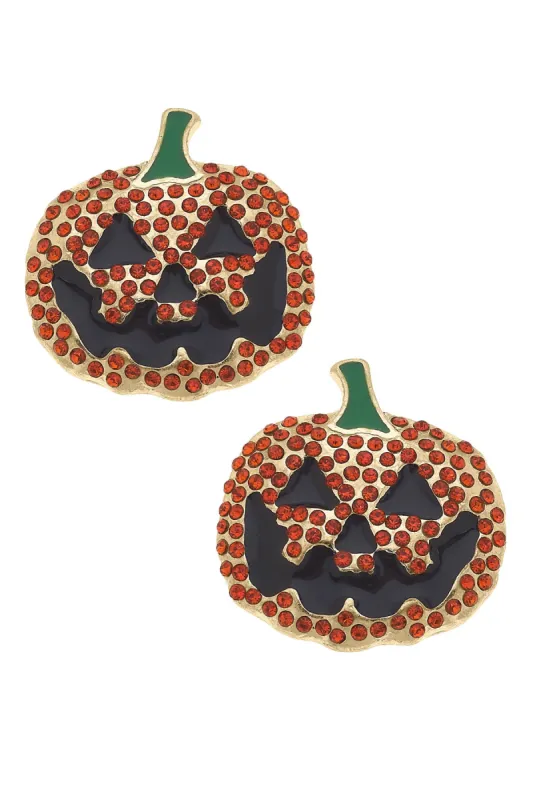 Jack-O'-Lantern Rhinestone-Studded Stud Earrings in Orange & Black sold by Canvas Style