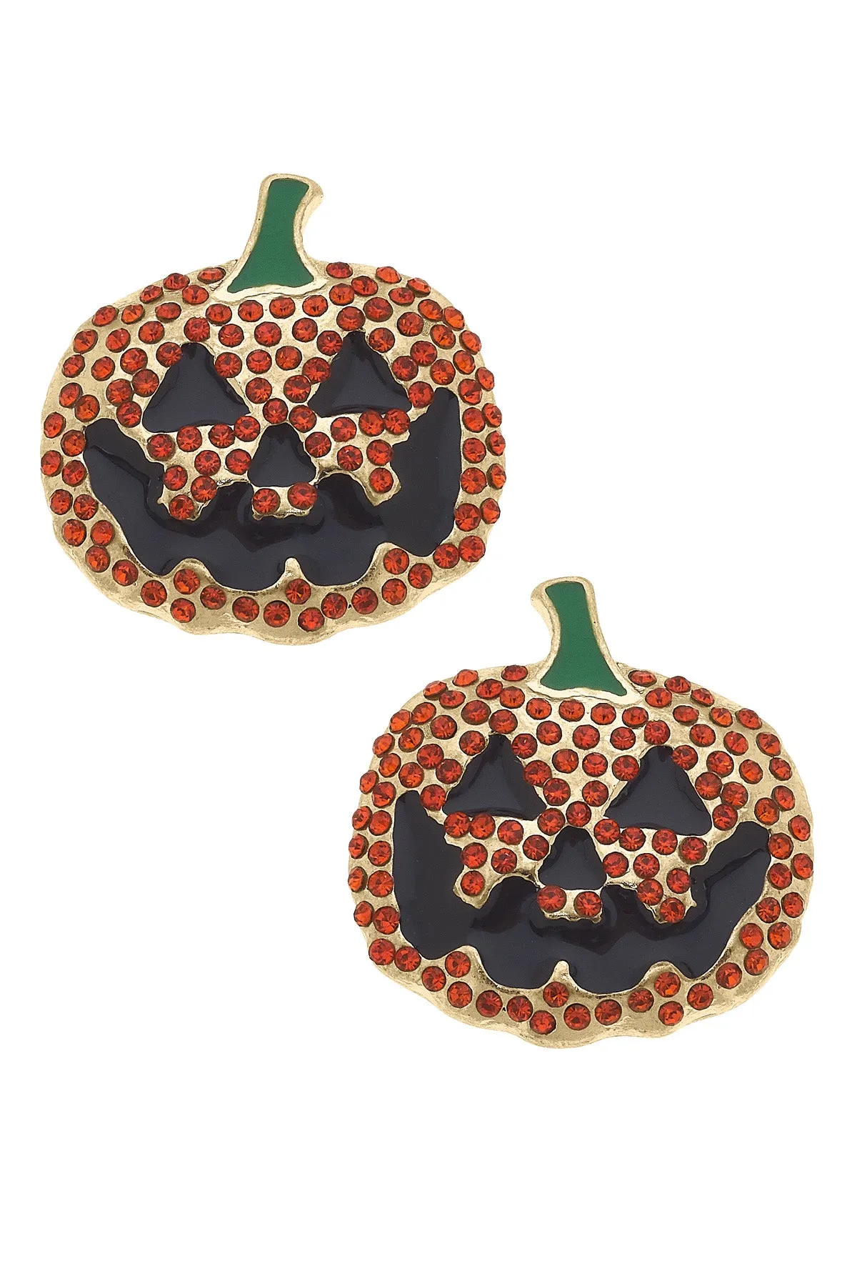 Jack-O'-Lantern Rhinestone-Studded Stud Earrings in Orange & Black sold by Canvas Style