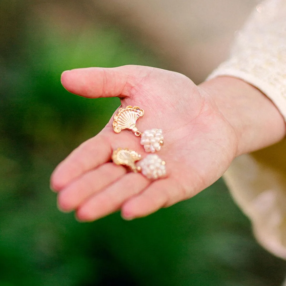 Elaine French Fan & Pearl Cluster Drop Earrings in Worn Gold sold by Canvas Style product image thumbnail 2