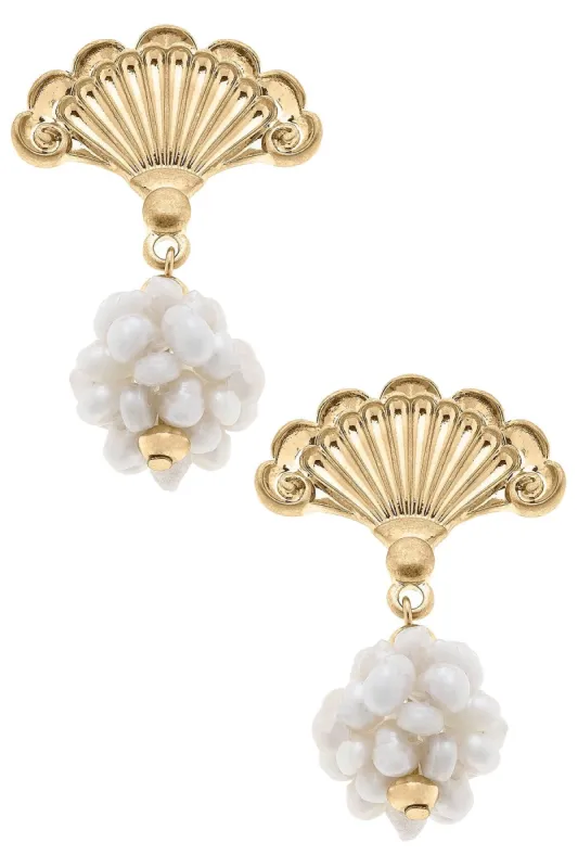 Elaine French Fan & Pearl Cluster Drop Earrings in Worn Gold sold by Canvas Style