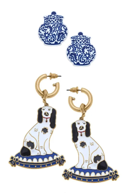 Courtney Chinoiserie Ginger Jar Stud and Baron Staffordshire Dog Earring Set sold by Canvas Style