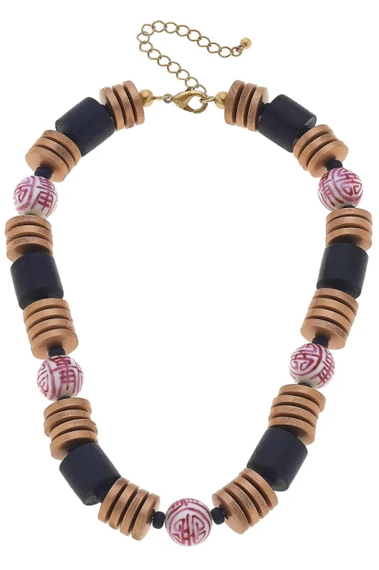 Lorelei Pink & White Chinoiserie & Painted Wood Statement Necklace in Navy - FINAL SALE sold by Canvas Style