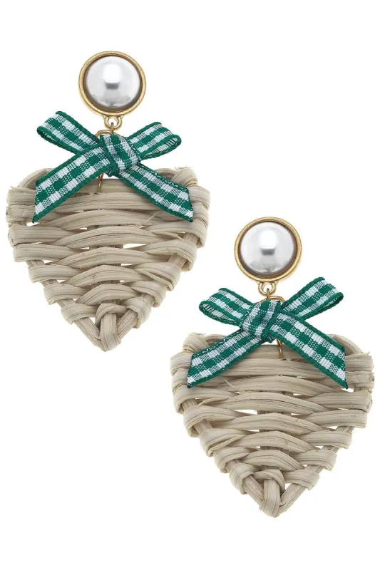 Piper Rattan & Gingham Heart Drop Earrings in Green sold by Canvas Style
