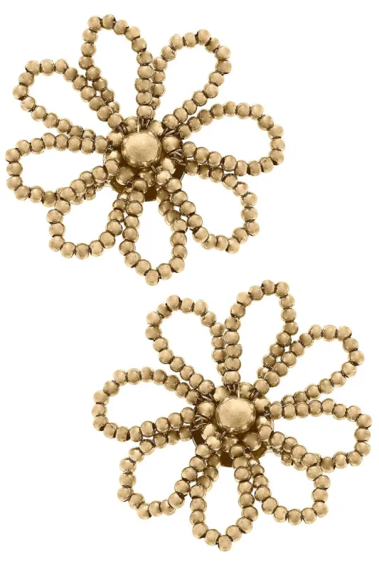 Cassi Bead & Pearl Floral Stud Earrings in Worn Gold sold by Canvas Style