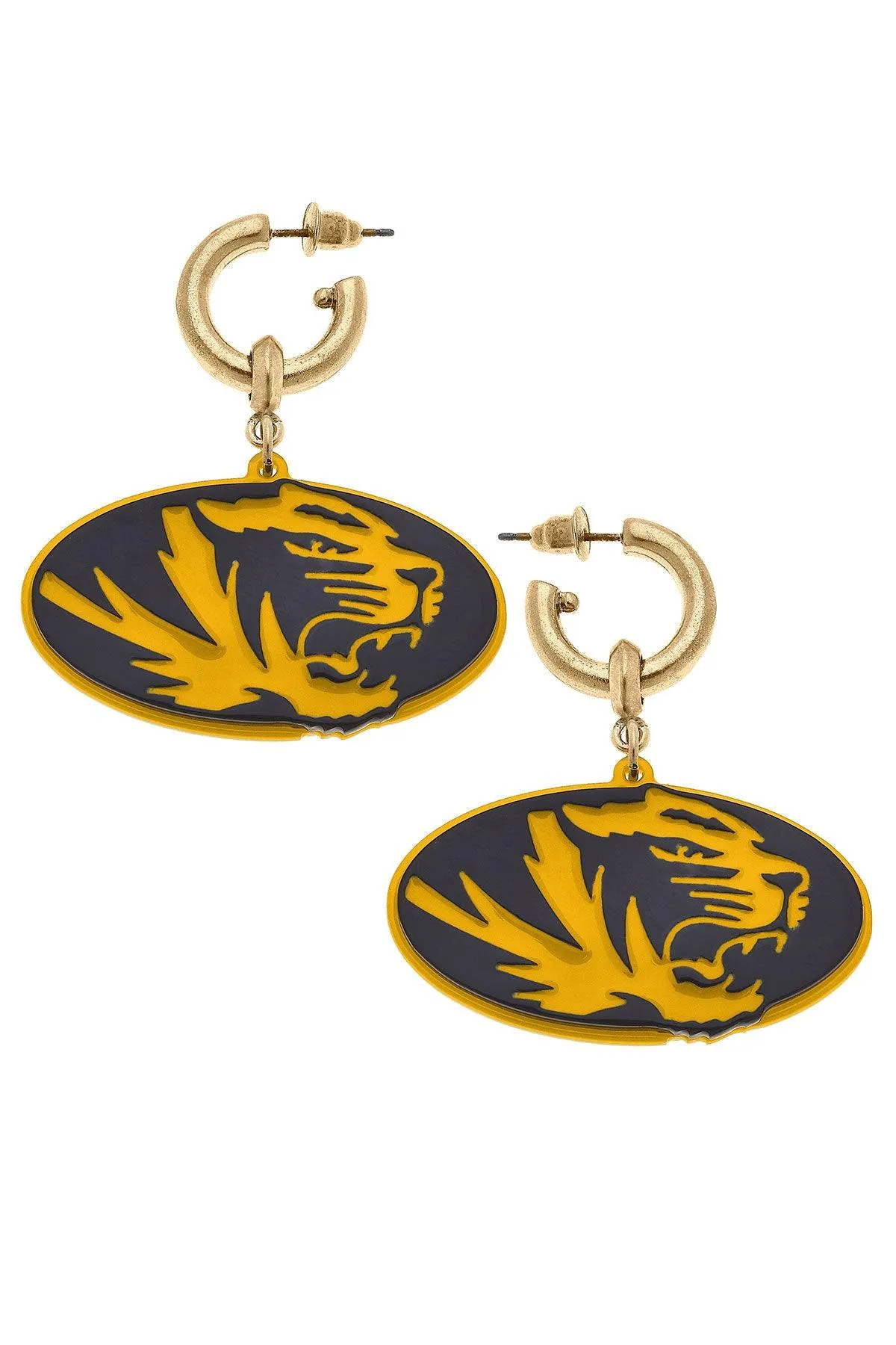 Missouri Tigers Resin Logo Drop Hoop Earrings sold by Canvas Style