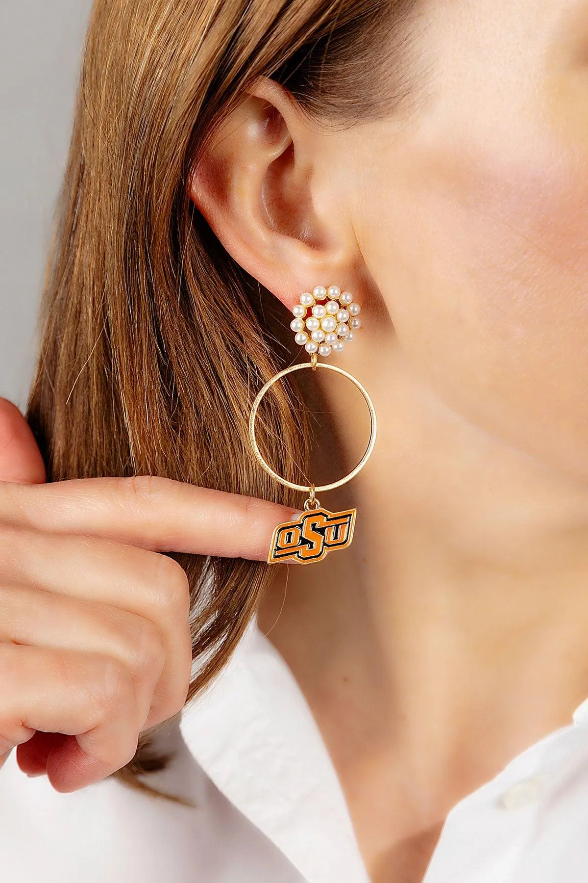 Oklahoma State Cowboys Pearl Cluster Enamel Hoop Earrings sold by Canvas Style product image thumbnail 2