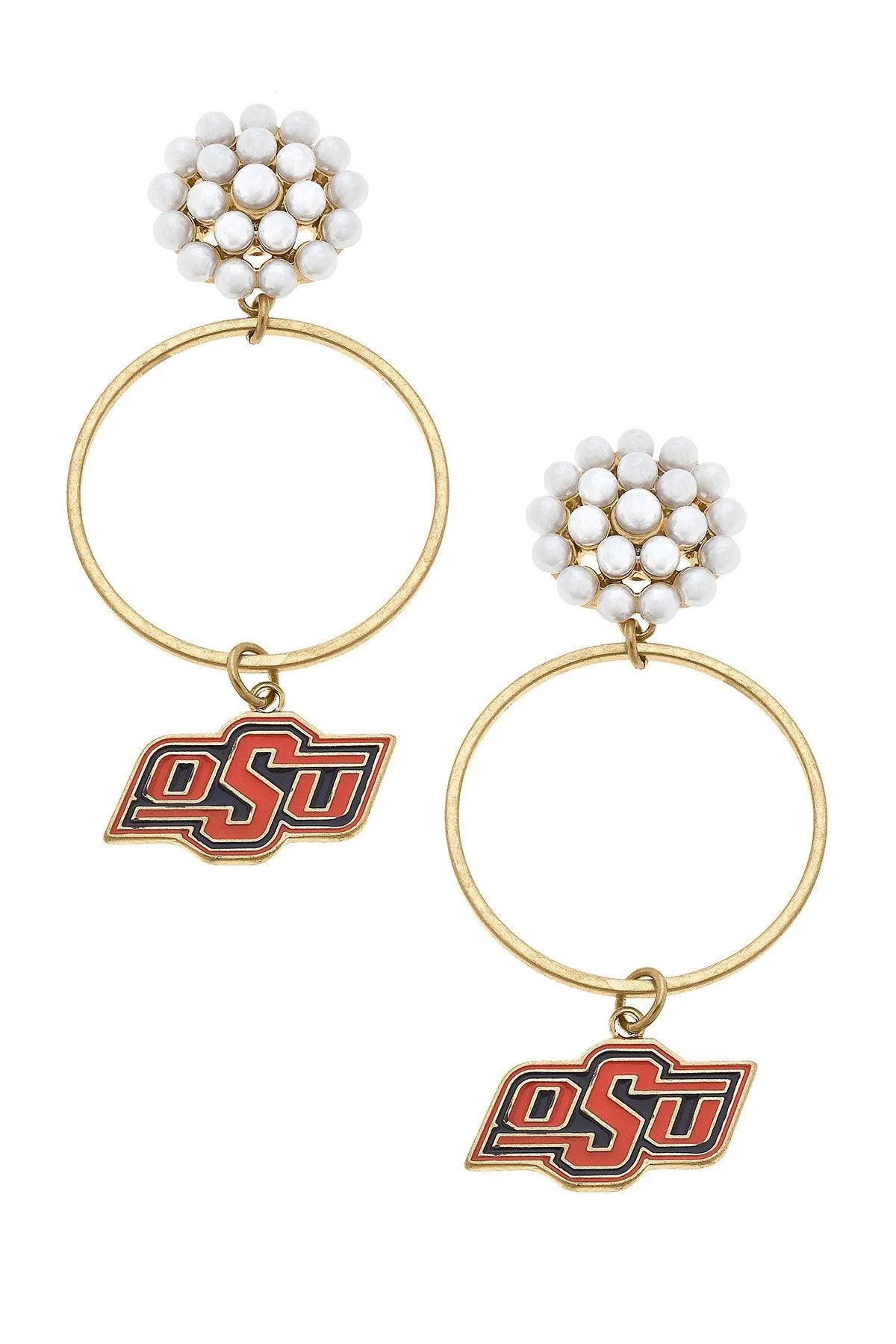 Oklahoma State Cowboys Pearl Cluster Enamel Hoop Earrings sold by Canvas Style