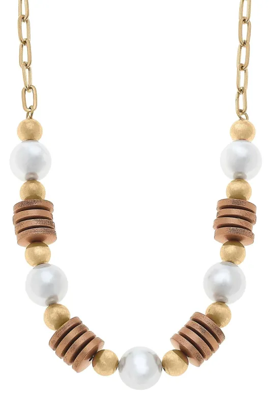 Kalilah Pearl, Wood & Gold Bead Chain Necklace in Worn Gold - FINAL SALE sold by Canvas Style