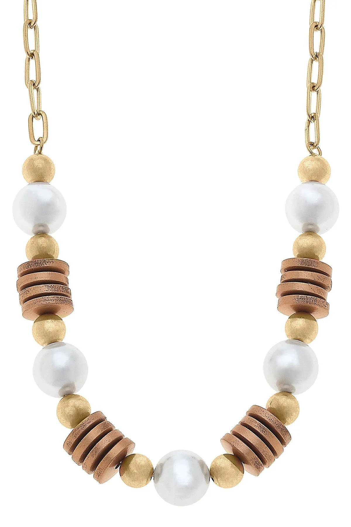 Kalilah Pearl, Wood & Gold Bead Chain Necklace in Worn Gold - FINAL SALE sold by Canvas Style