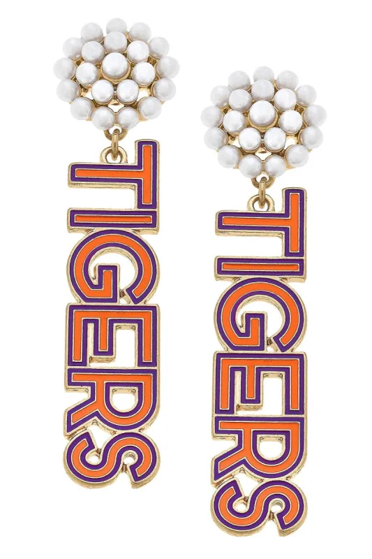 Clemson Tigers Pearl Cluster Outline Enamel Drop Earrings sold by Canvas Style