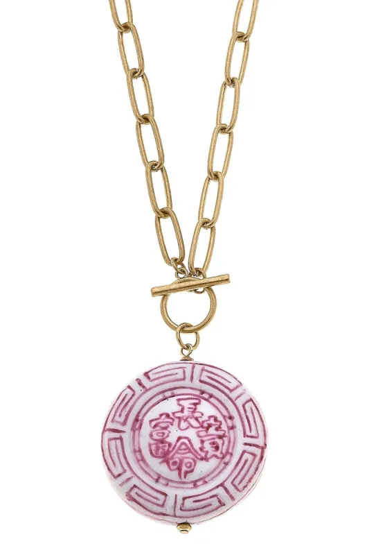Ophelia Pink Chinoiserie Pendant T-Bar Necklace in Pink & White sold by Canvas Style