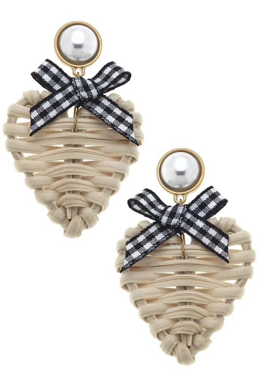 Piper Rattan & Gingham Heart Drop Earrings in Black sold by Canvas Style