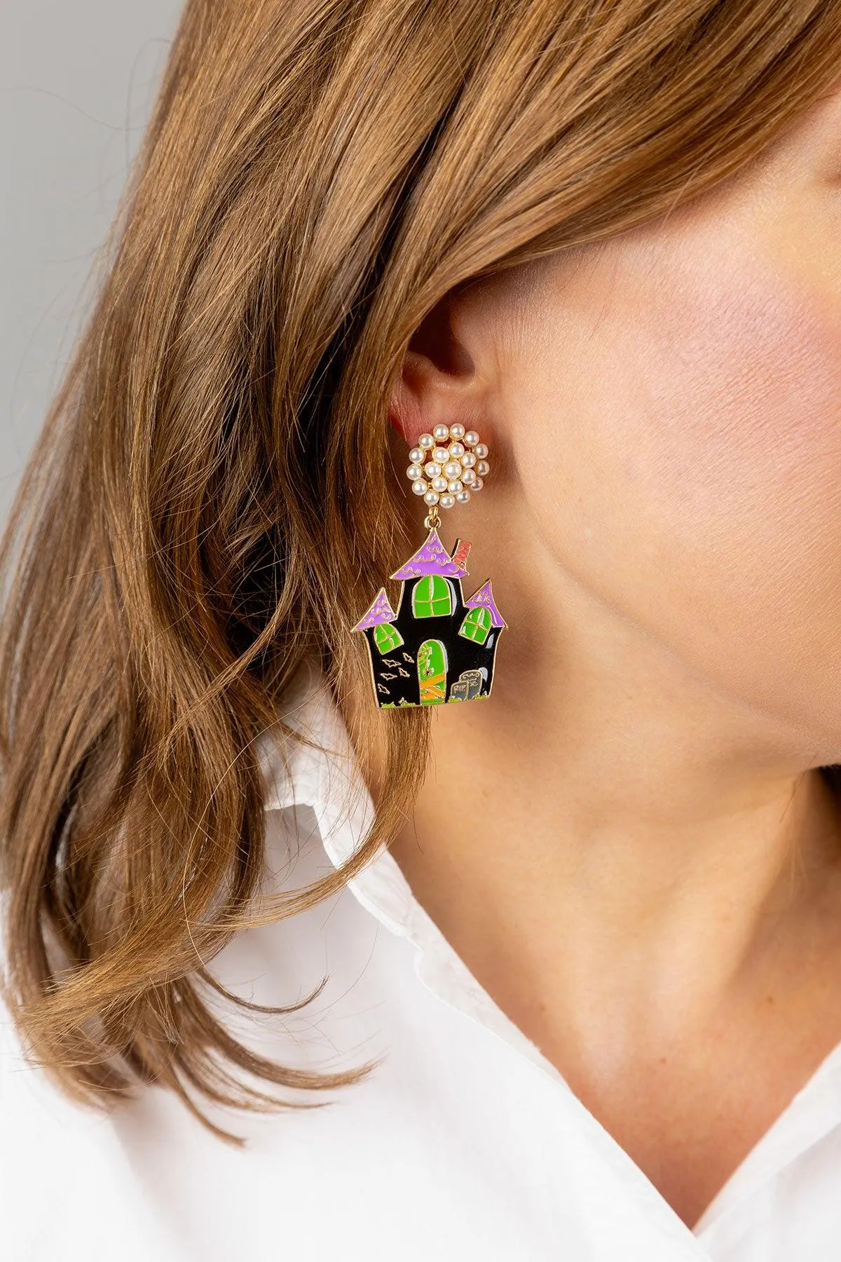 Halloween Enamel Haunted House Earrings in Black/Green/Purple sold by Canvas Style product image thumbnail 2