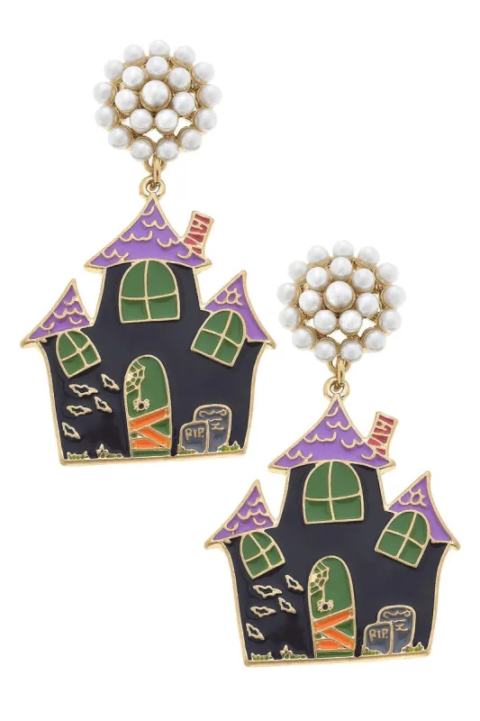Halloween Enamel Haunted House Earrings in Black/Green/Purple sold by Canvas Style