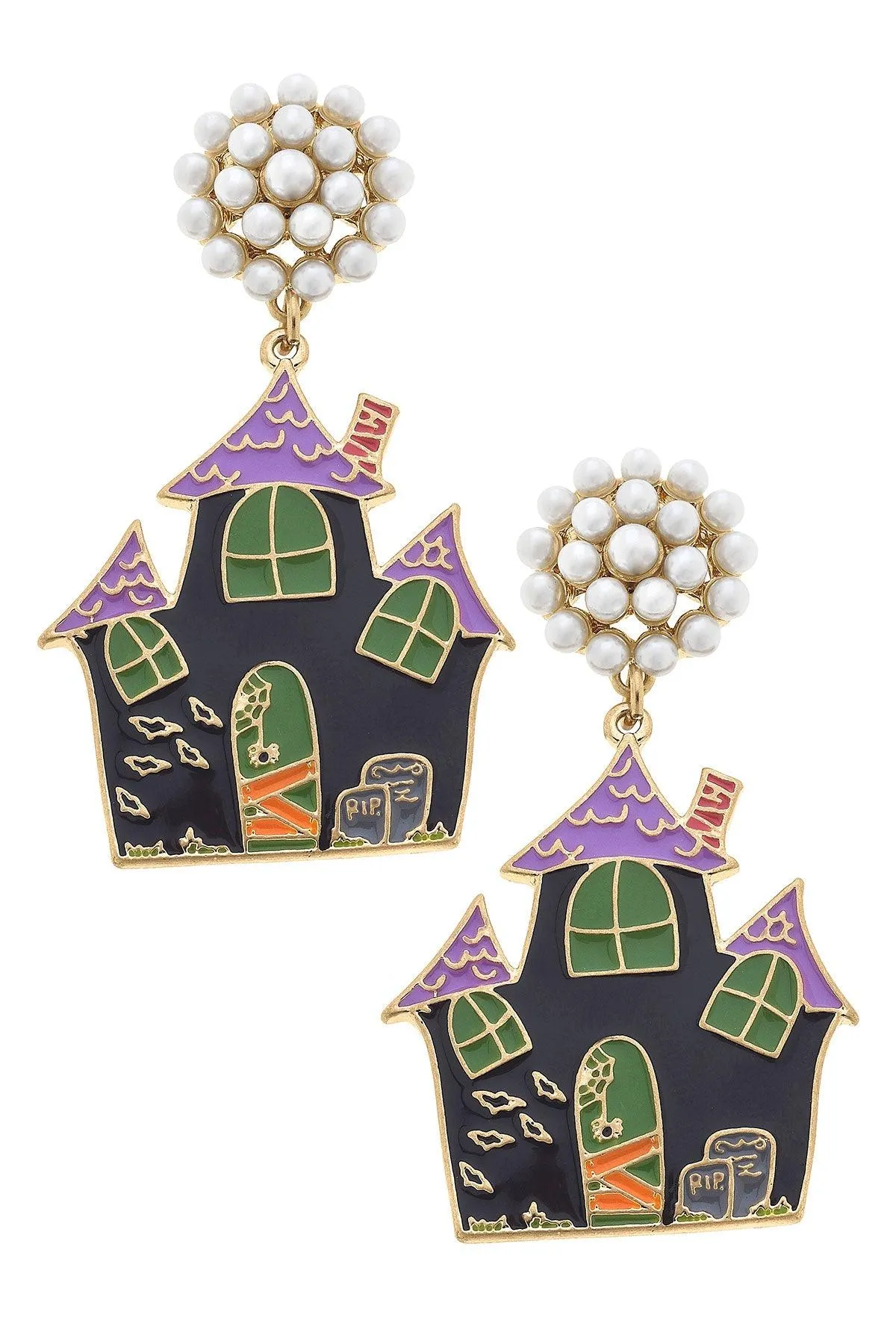 Halloween Enamel Haunted House Earrings in Black/Green/Purple sold by Canvas Style
