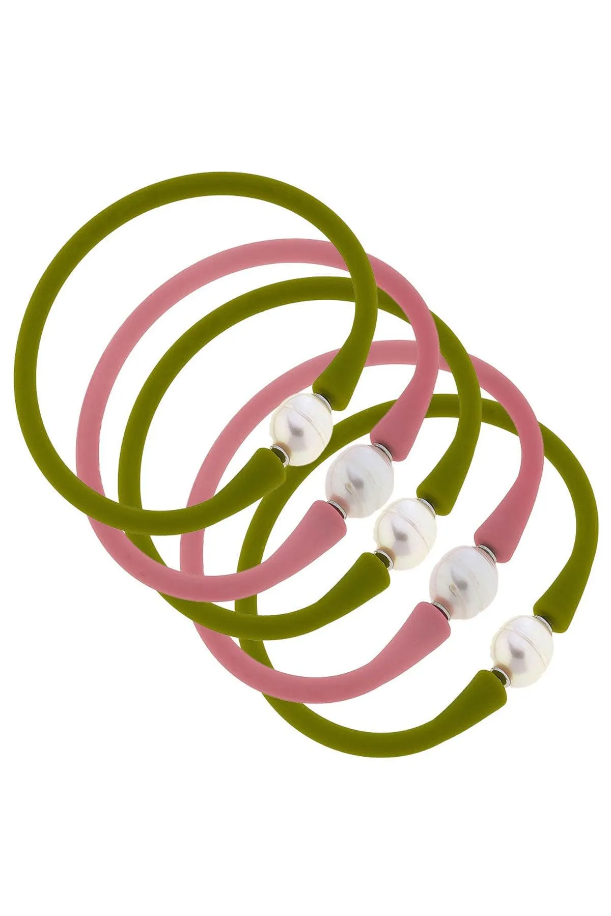 Bali Freshwater Pearl Silicone Bracelet Stack of 5 in Peridot & Pink - FINAL SALE sold by Canvas Style