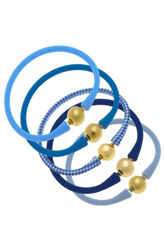 Bali 24K Gold Silicone Bracelet Stack of 5 in Aqua, Blue, Blue Gingham, Royal Blue & Blue Grey - FINAL SALE sold by Canvas Style