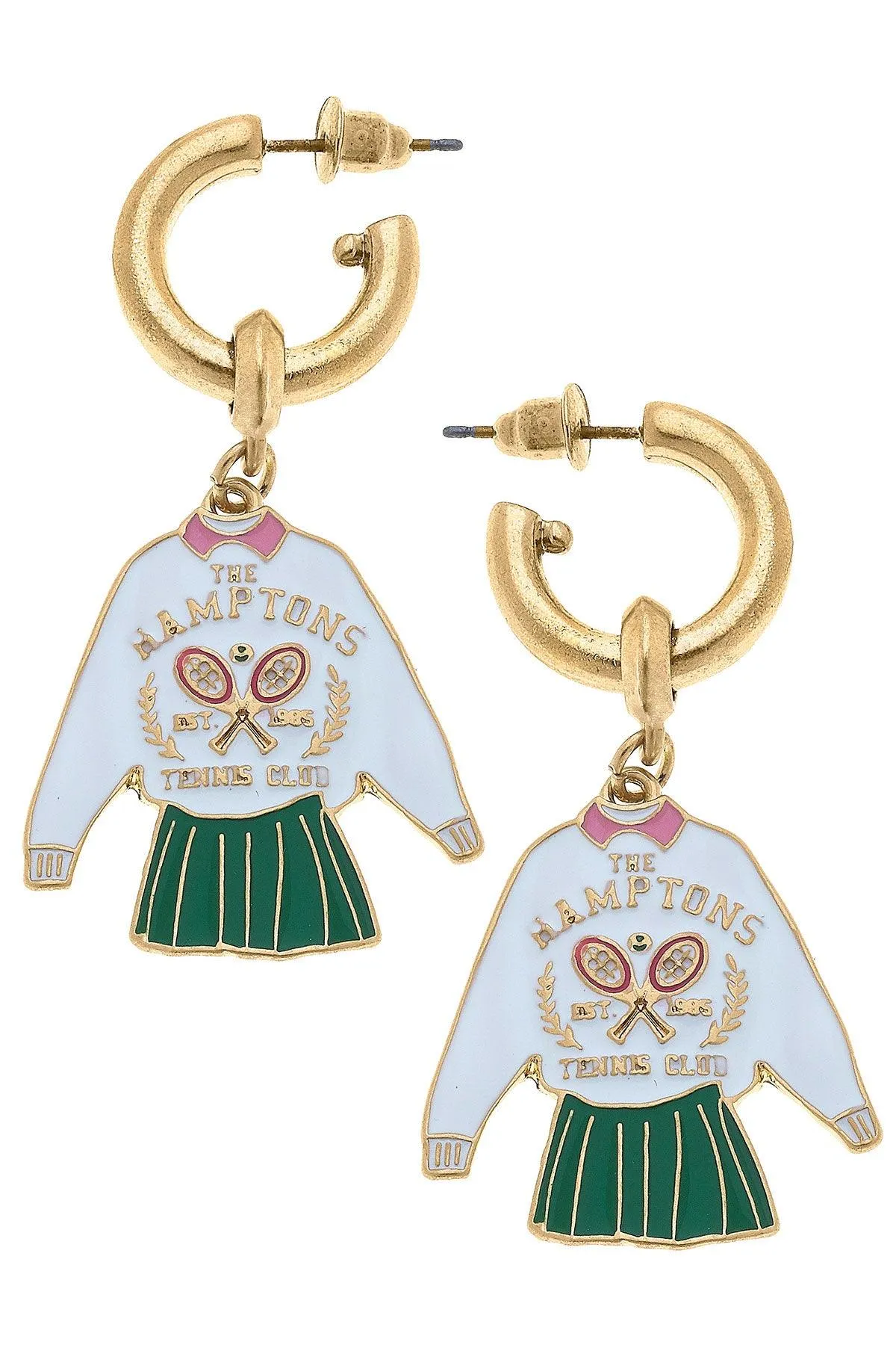 The Hamptons Tennis Club Enamel Drop Hoop Earrings in Green, White & Pink sold by Canvas Style