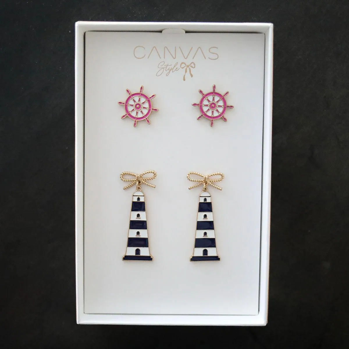 Bridget Pink Nautical Ship's Wheel Stud and Luna Navy Lighthouse Earring Set sold by Canvas Style product image thumbnail 2