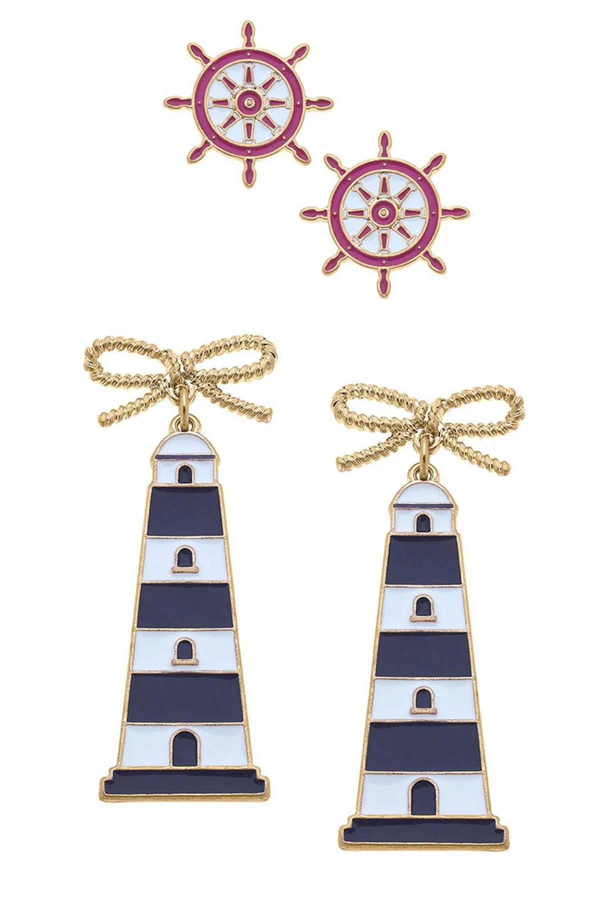 Bridget Pink Nautical Ship's Wheel Stud and Luna Navy Lighthouse Earring Set sold by Canvas Style