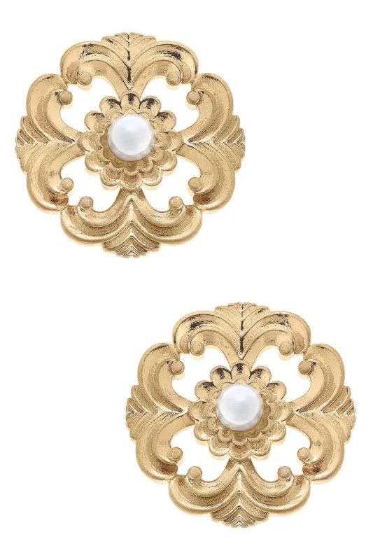 Marquette Acanthus & Pearl Stud Earrings in Worn Gold sold by Canvas Style