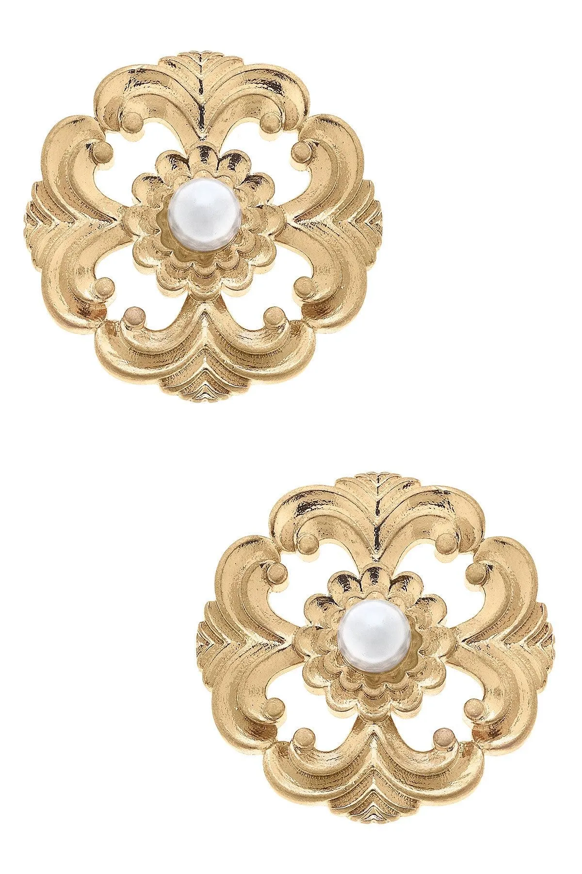 Marquette Acanthus & Pearl Stud Earrings in Worn Gold sold by Canvas Style