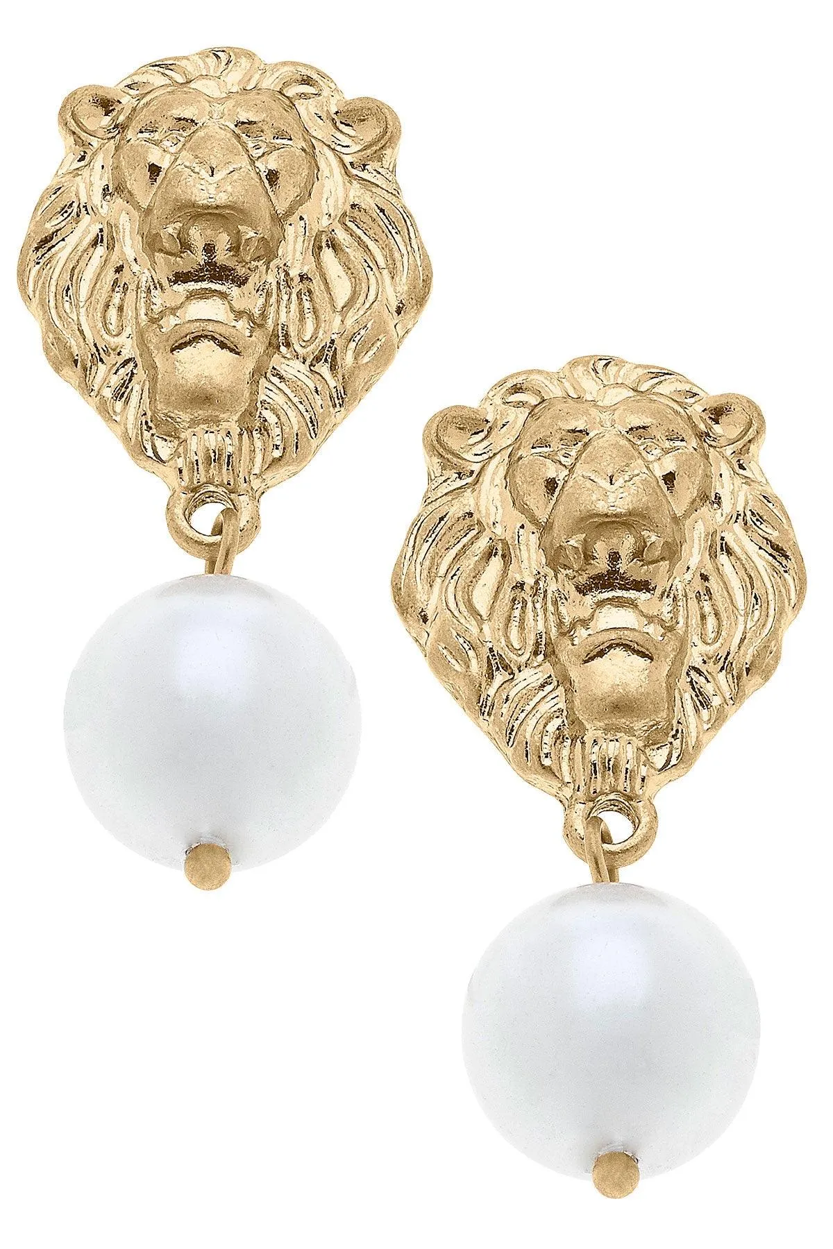 Gloria Lion Head & Pearl Drop Earrings in Worn Gold sold by Canvas Style