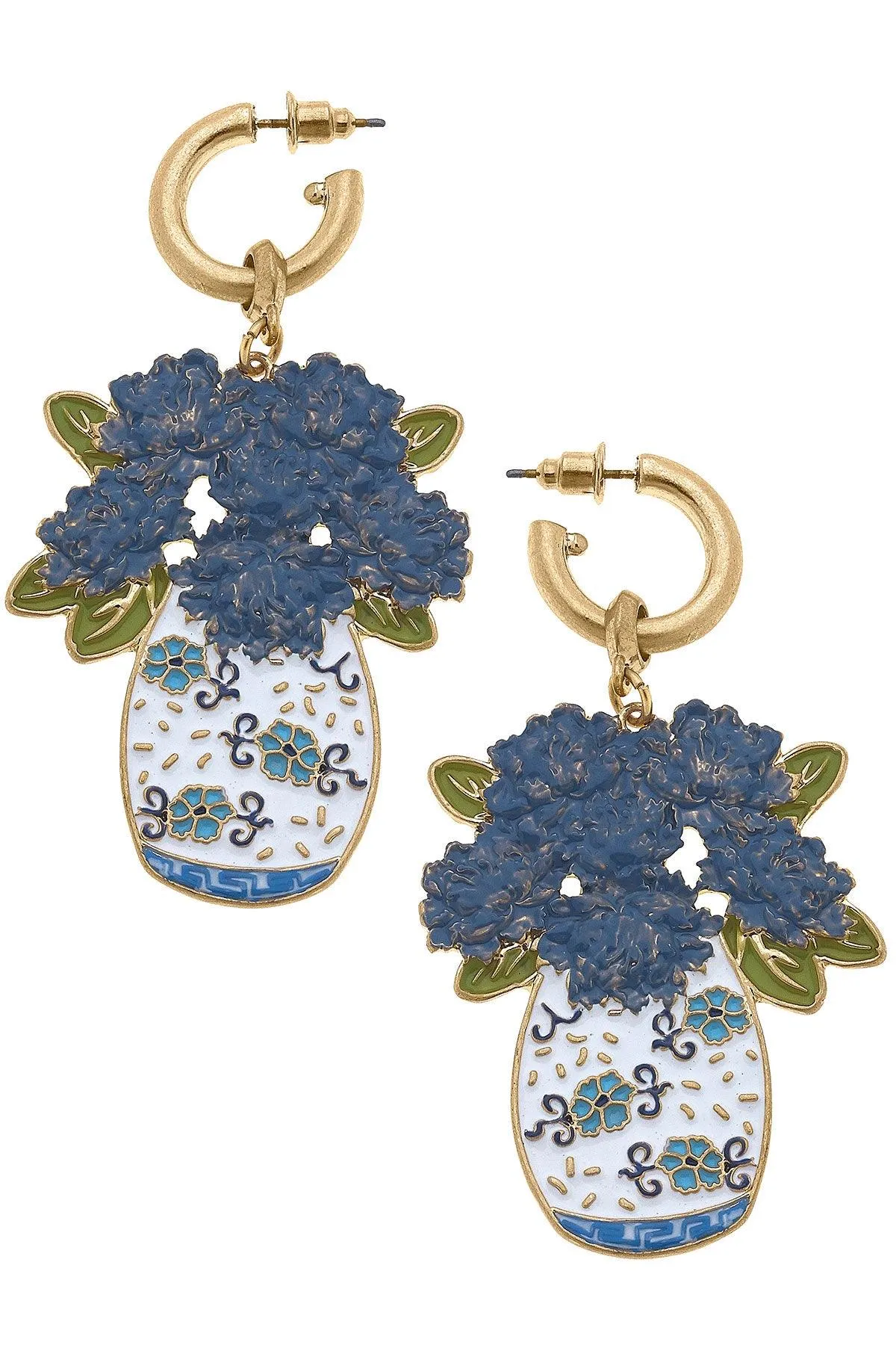 Sofia Enamel Hydrangea Ginger Jar Earrings in Blue & White sold by Canvas Style