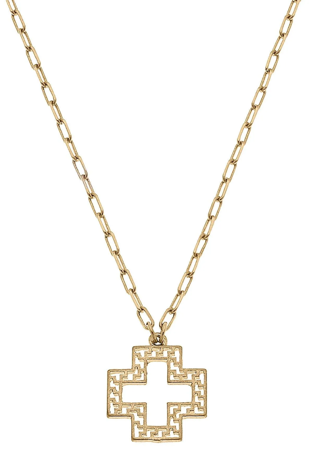 Cameryn Greek Keys Cross Necklace in Worn Gold sold by Canvas Style