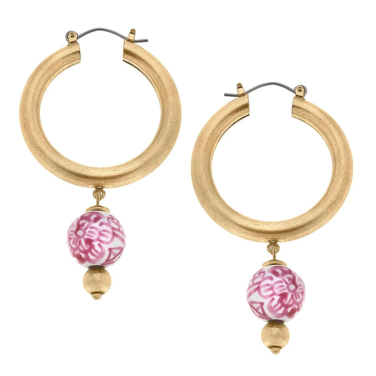 Paloma Chinoiserie Drop Hoop Earrings in Pink & White sold by Canvas Style